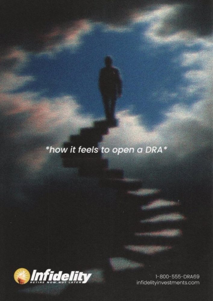 Poster: how it feels to open a DRA. A figure climbing stairs into the clouds.